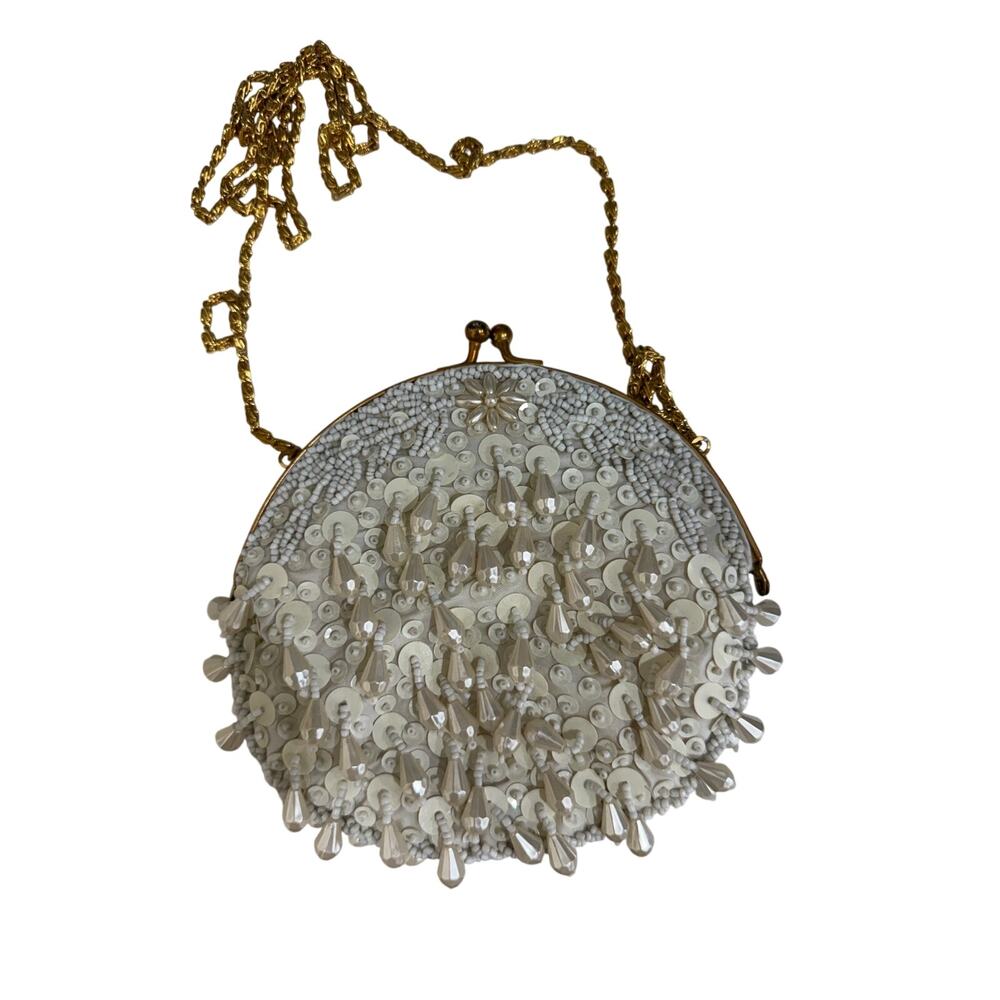 Vintage Iridescent Ivory Sequined Beaded Chain Strap Evening Bag
